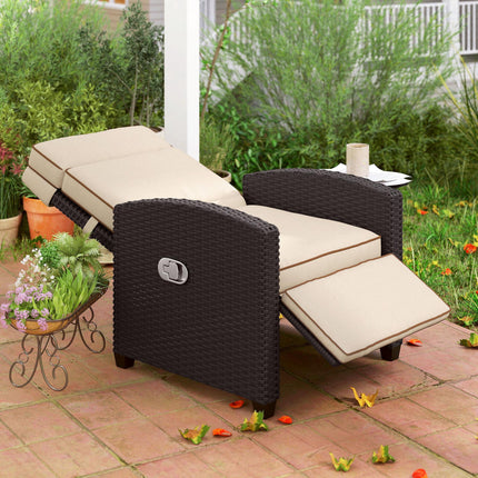 Adjustable Rattan Garden Recliner Chair with Cushion, Footrest & Flip Table - Dark Brown/Khaki