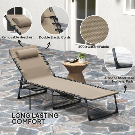 Five-Position Reclining Sun Lounger with Side Table and Pillow - Beige