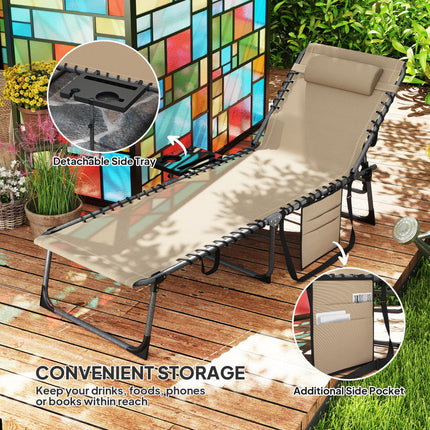 Five-Position Reclining Sun Lounger with Side Table and Pillow - Beige