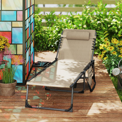 Five-Position Reclining Sun Lounger with Side Table and Pillow - Beige