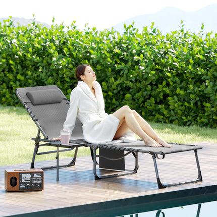Five-Position Reclining Sun Lounger with Side Table and Pillow - Grey