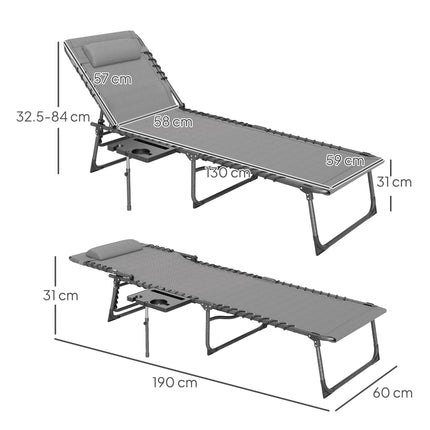 Five-Position Reclining Sun Lounger with Side Table and Pillow - Grey