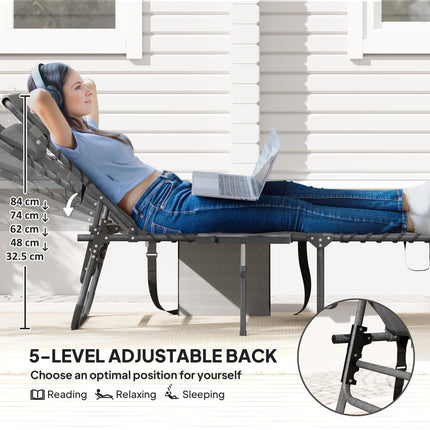 Five-Position Reclining Sun Lounger with Side Table and Pillow - Grey