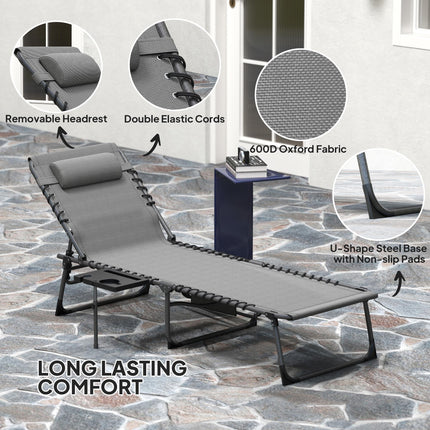 Five-Position Reclining Sun Lounger with Side Table and Pillow - Grey