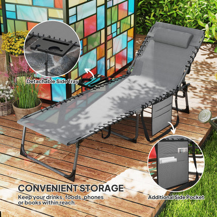 Five-Position Reclining Sun Lounger with Side Table and Pillow - Grey