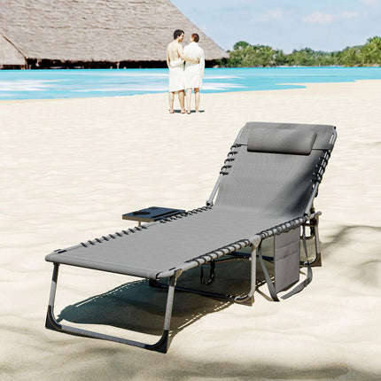Five-Position Reclining Sun Lounger with Side Table and Pillow - Grey