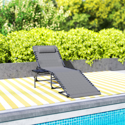 Five-Position Reclining Sun Lounger with Side Table and Pillow - Grey
