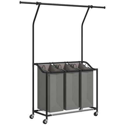 126L Rolling Laundry Sorter with 3 Bags & Hanging Rail, Mobile Wash Basket 88-149.5L x 40W x 167H cm - Dark Grey
