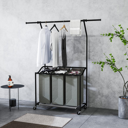 126L Rolling Laundry Sorter with 3 Bags & Hanging Rail, Mobile Wash Basket 88-149.5L x 40W x 167H cm - Dark Grey