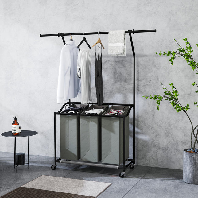 126L Rolling Laundry Sorter with 3 Bags & Hanging Rail, Mobile Wash Basket 88-149.5L x 40W x 167H cm - Dark Grey
