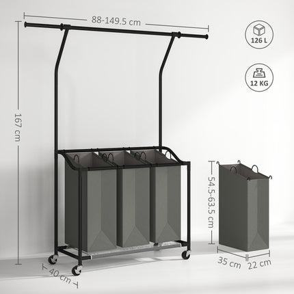126L Rolling Laundry Sorter with 3 Bags & Hanging Rail, Mobile Wash Basket 88-149.5L x 40W x 167H cm - Dark Grey