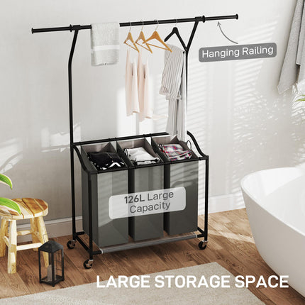 126L Rolling Laundry Sorter with 3 Bags & Hanging Rail, Mobile Wash Basket 88-149.5L x 40W x 167H cm - Dark Grey