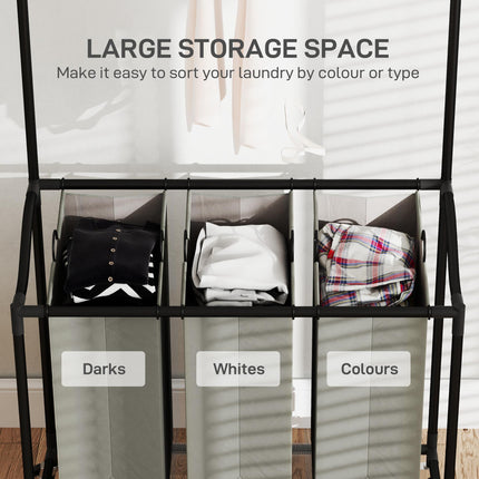 126L Rolling Laundry Sorter with 3 Bags & Hanging Rail, Mobile Wash Basket 88-149.5L x 40W x 167H cm - Dark Grey