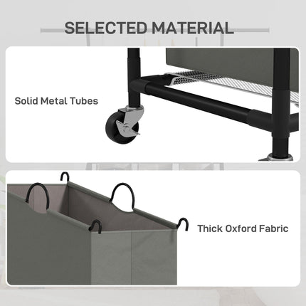 126L Rolling Laundry Sorter with 3 Bags & Hanging Rail, Mobile Wash Basket 88-149.5L x 40W x 167H cm - Dark Grey