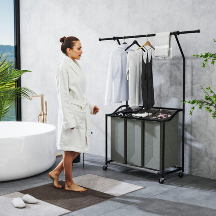 126L Rolling Laundry Sorter with 3 Bags & Hanging Rail, Mobile Wash Basket 88-149.5L x 40W x 167H cm - Dark Grey
