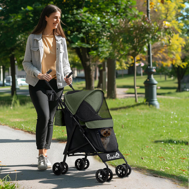 Lightweight Umbrella Structure Dog Stroller with Storage Bag & Cup Holder - Dark Green