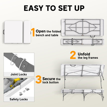 Portable 3 Piece Folding Picnic Table and Bench Set for Outdoor Use - White