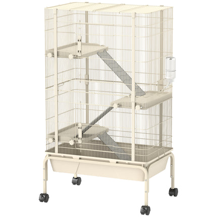 4-Level Rolling Small Animal Cage with 3 Ramps, Water Bottle & Food Dish, 15cm Deep Tray - Beige