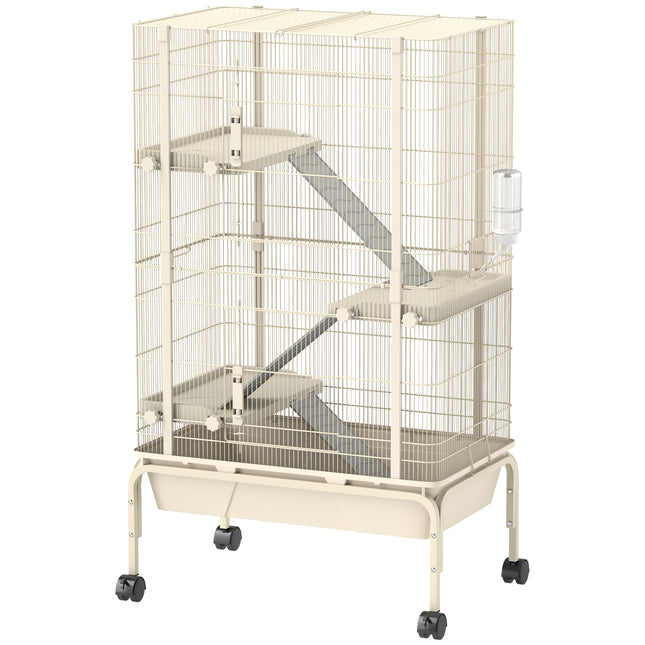 4-Level Rolling Small Animal Cage with 3 Ramps, Water Bottle & Food Dish, 15cm Deep Tray - Beige