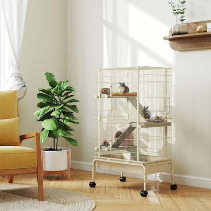 4-Level Rolling Small Animal Cage with 3 Ramps, Water Bottle & Food Dish, 15cm Deep Tray - Beige