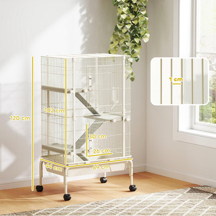 4-Level Rolling Small Animal Cage with 3 Ramps, Water Bottle & Food Dish, 15cm Deep Tray - Beige