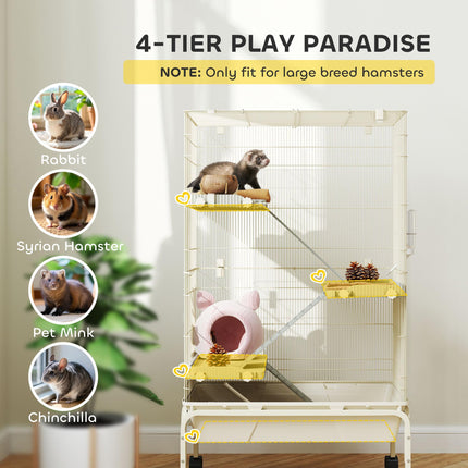 4-Level Rolling Small Animal Cage with 3 Ramps, Water Bottle & Food Dish, 15cm Deep Tray - Beige