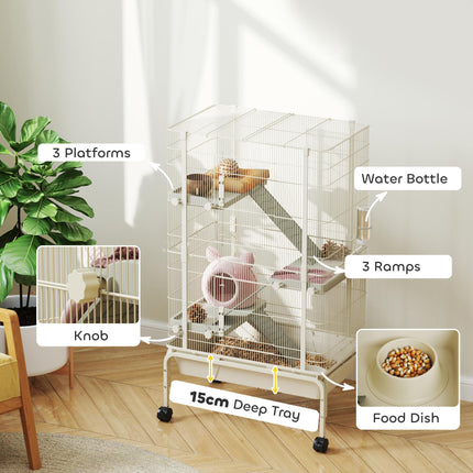 4-Level Rolling Small Animal Cage with 3 Ramps, Water Bottle & Food Dish, 15cm Deep Tray - Beige