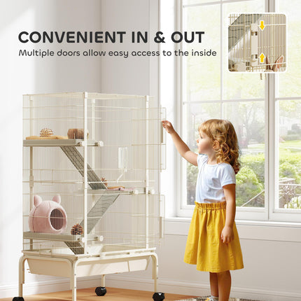 4-Level Rolling Small Animal Cage with 3 Ramps, Water Bottle & Food Dish, 15cm Deep Tray - Beige
