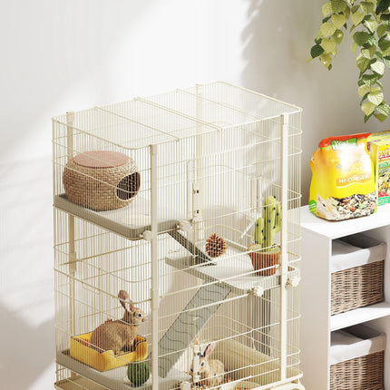 4-Level Rolling Small Animal Cage with 3 Ramps, Water Bottle & Food Dish, 15cm Deep Tray - Beige