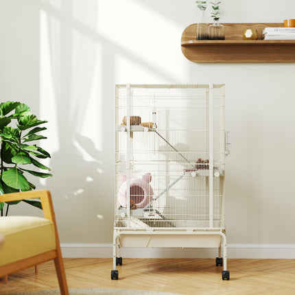 4-Level Rolling Small Animal Cage with 3 Ramps, Water Bottle & Food Dish, 15cm Deep Tray - Beige