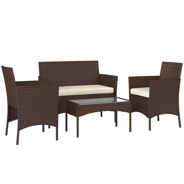 4 Piece Rattan Garden Furniture Sofa Set with Loveseat, Armchairs, Glass-Top Coffee Table and Cushions, Brown