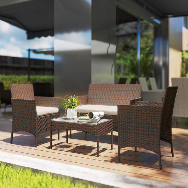 4 Piece Rattan Garden Furniture Sofa Set with Loveseat, Armchairs, Glass-Top Coffee Table and Cushions, Brown