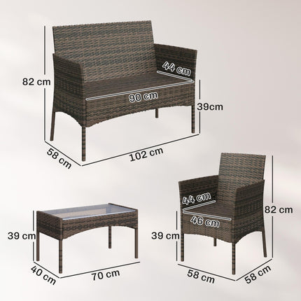 4 Piece Rattan Garden Furniture Sofa Set with Loveseat, Armchairs, Glass-Top Coffee Table and Cushions, Brown