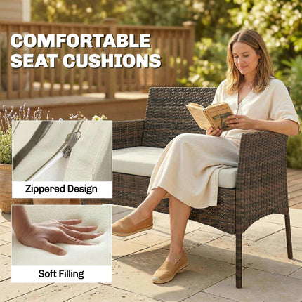 4 Piece Rattan Garden Furniture Sofa Set with Loveseat, Armchairs, Glass-Top Coffee Table and Cushions, Brown