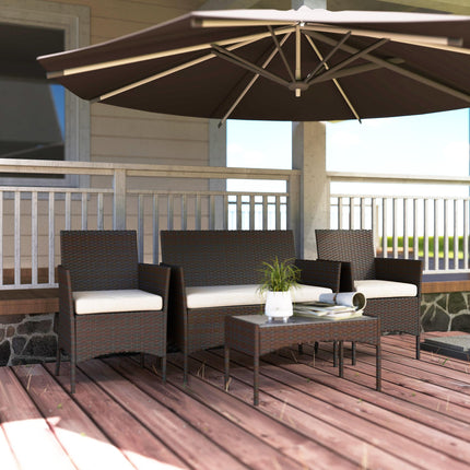 4 Piece Rattan Garden Furniture Sofa Set with Loveseat, Armchairs, Glass-Top Coffee Table and Cushions, Brown