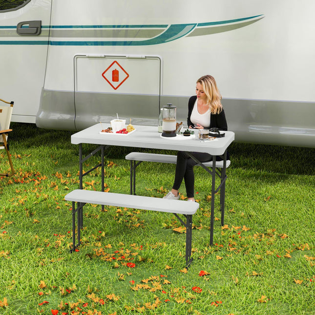 Portable 3 Piece Folding Picnic Table and Bench Set with Handles - Light Grey
