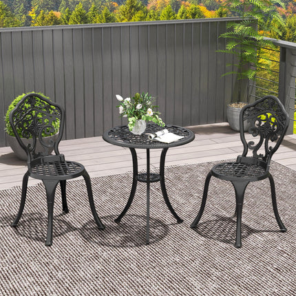 Three-Piece Aluminium Floral Bistro Set with Parasol Hole - Black