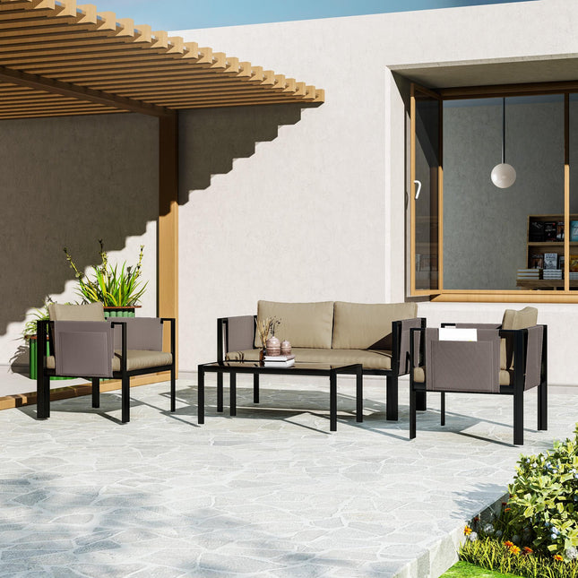 4 Piece Metal Garden Furniture Set with Cushions - Khaki
