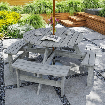 8-Seater Fir Wood Picnic Set with Parasol Hole - Grey
