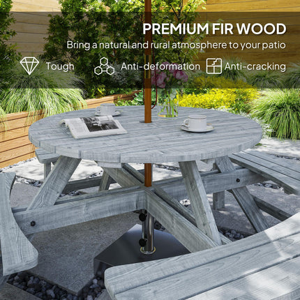 8-Seater Fir Wood Picnic Set with Parasol Hole - Grey