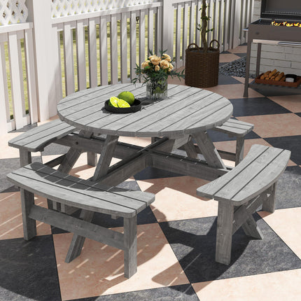 8-Seater Fir Wood Picnic Set with Parasol Hole - Grey