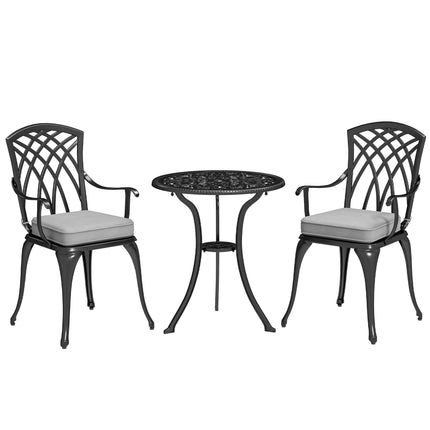Three-Piece Cast Aluminium Bistro Set with Cushions and Parasol Hole - Black
