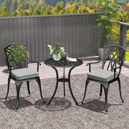 Three-Piece Cast Aluminium Bistro Set with Cushions and Parasol Hole - Black