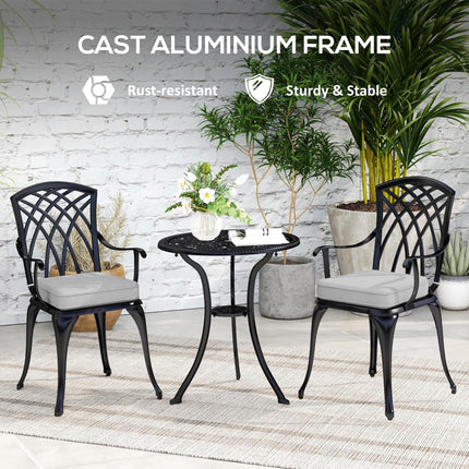 Three-Piece Cast Aluminium Bistro Set with Cushions and Parasol Hole - Black