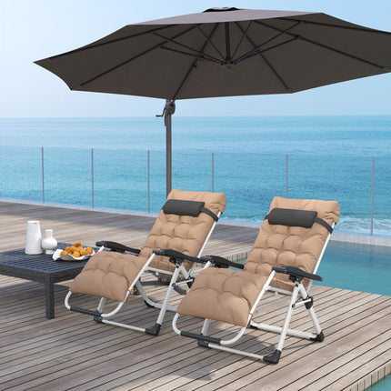 2 Piece Reclining Zero Gravity Sun Lounger Set with Cushions - Khaki