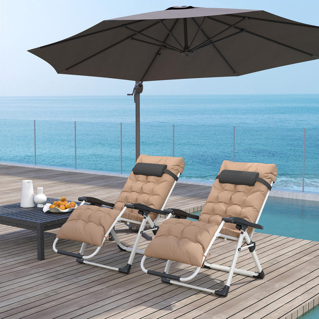 2 Piece Reclining Zero Gravity Sun Lounger Set with Cushions - Khaki