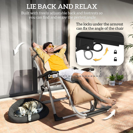 2 Piece Reclining Zero Gravity Sun Lounger Set with Cushions - Khaki