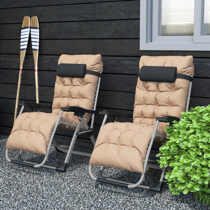2 Piece Reclining Zero Gravity Sun Lounger Set with Cushions - Khaki