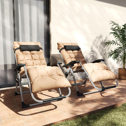 2 Piece Reclining Zero Gravity Sun Lounger Set with Cushions - Khaki