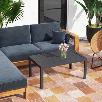 Rectangular Outdoor Patio Side Table with Steel Frame and Slat Top - Grey